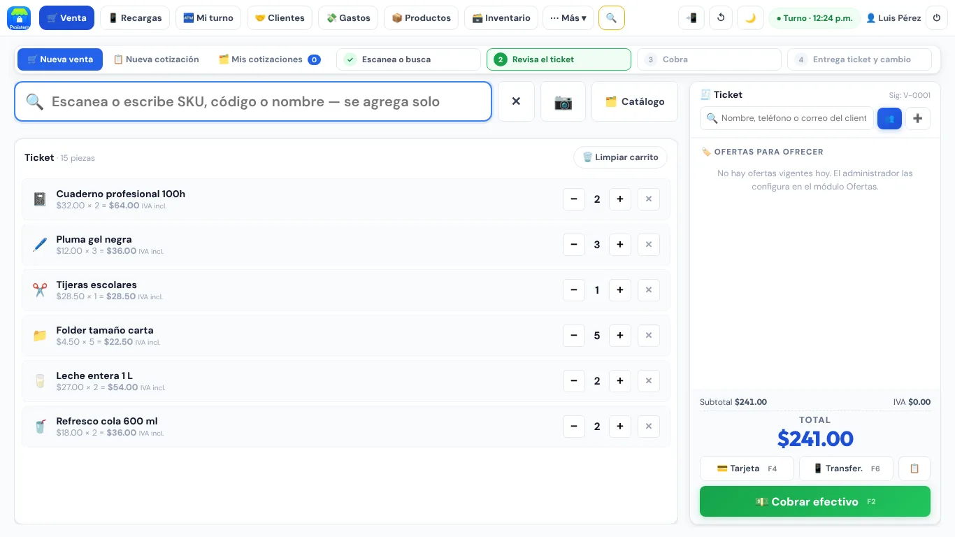 Pantalla de cobro de PVsistem con productos, total y formas de pago